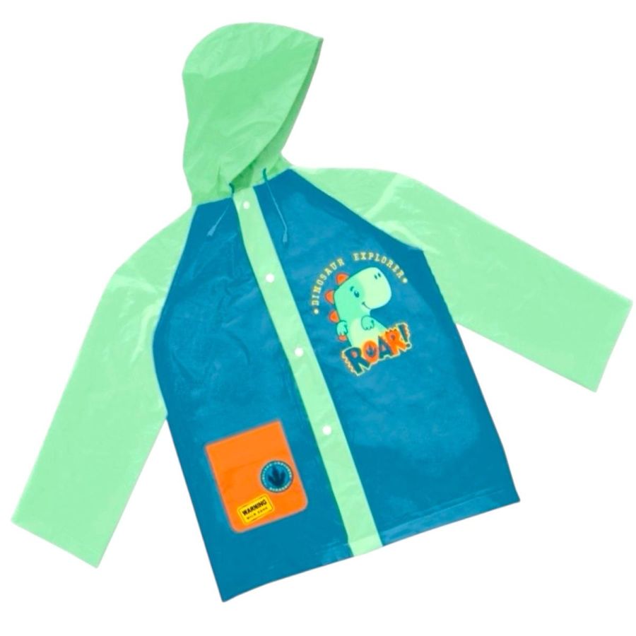 Capa de Chuva Infantil Dinossauro, Azul e Verde, com Capuz e Bolso