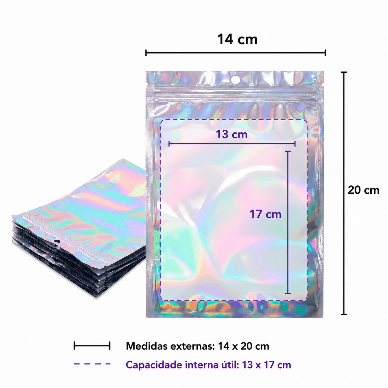 100 Sacos Holográficos Zip Lock Metalizado Transparente Luxo