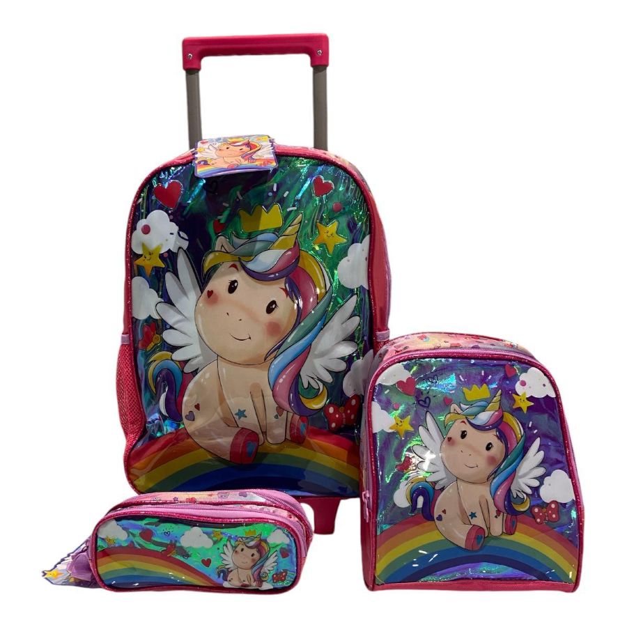 Kit de Mochila Escolar Infantil de Rodinhas Unicórnio Baby
