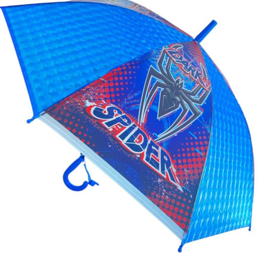 Guarda-Chuva Infantil  Menino, Azul e Vermelho, Estampa de Aranha, Cabo Curvo