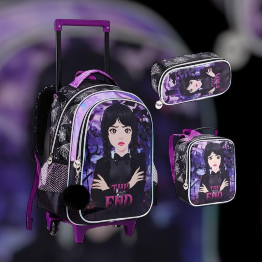 Kit Mochila Estojo Lancheira Wandinha Menina Filme Wednesday