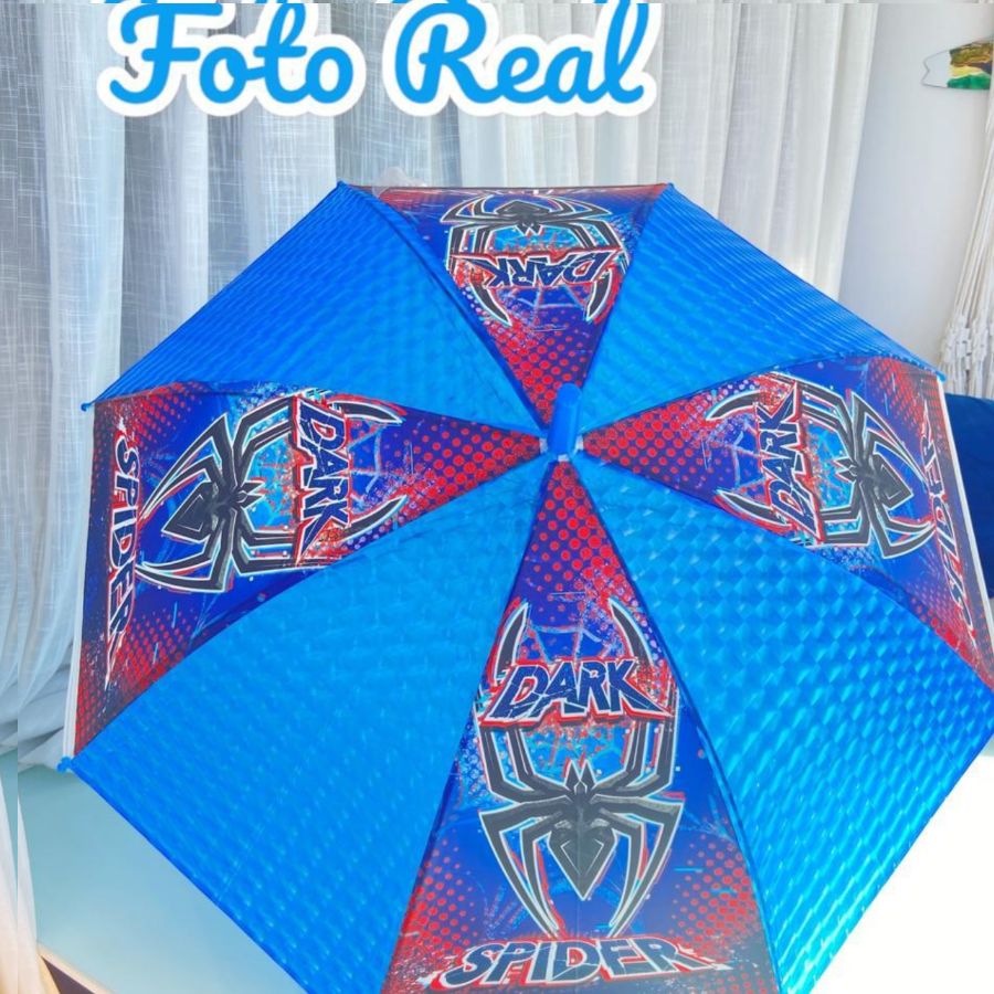 Guarda-Chuva Infantil  Menino, Azul e Vermelho, Estampa de Aranha, Cabo Curvo