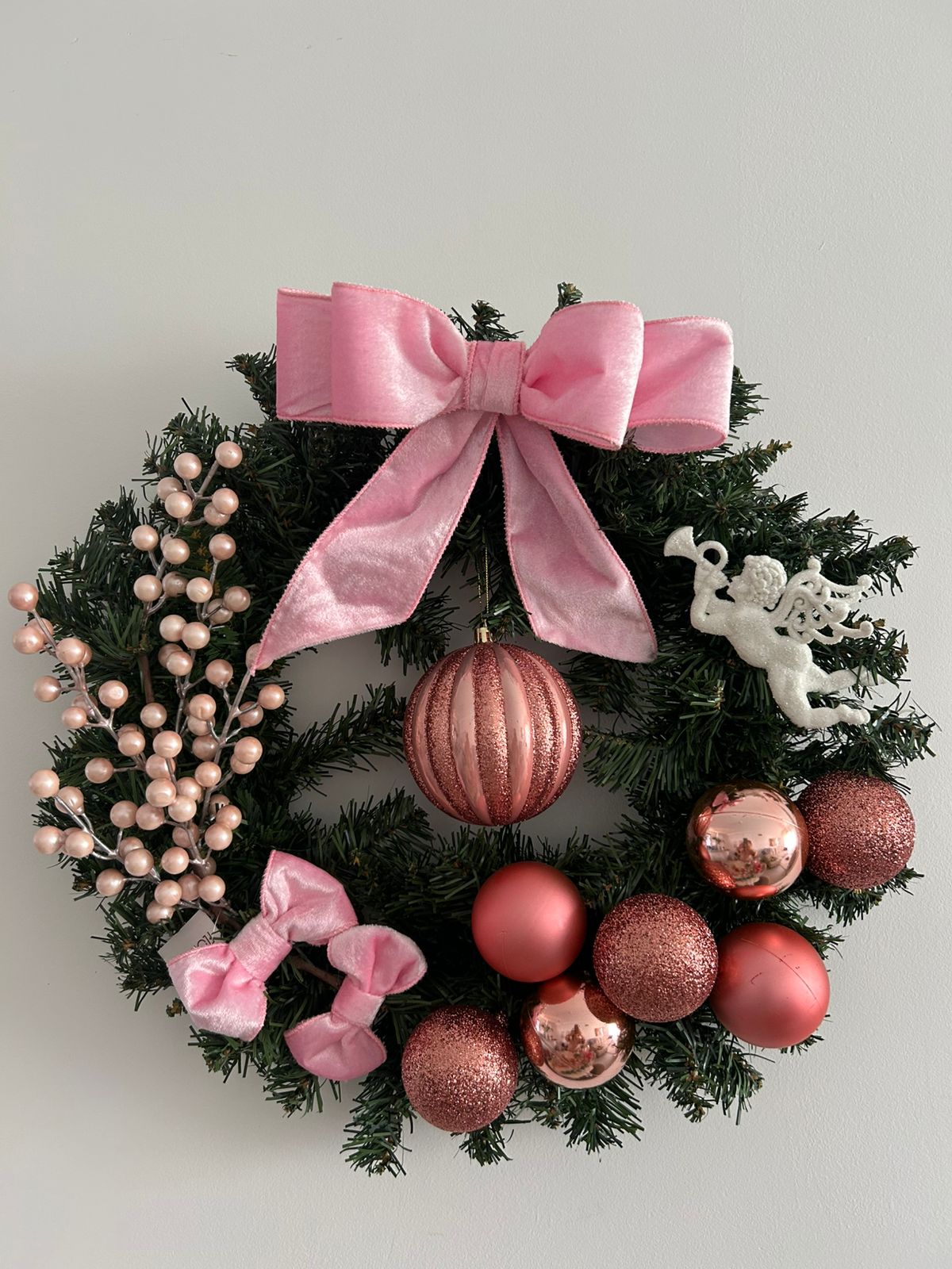Guirlanda de Natal Luxo com Bolas e Laços Rose Gold - 45 cm