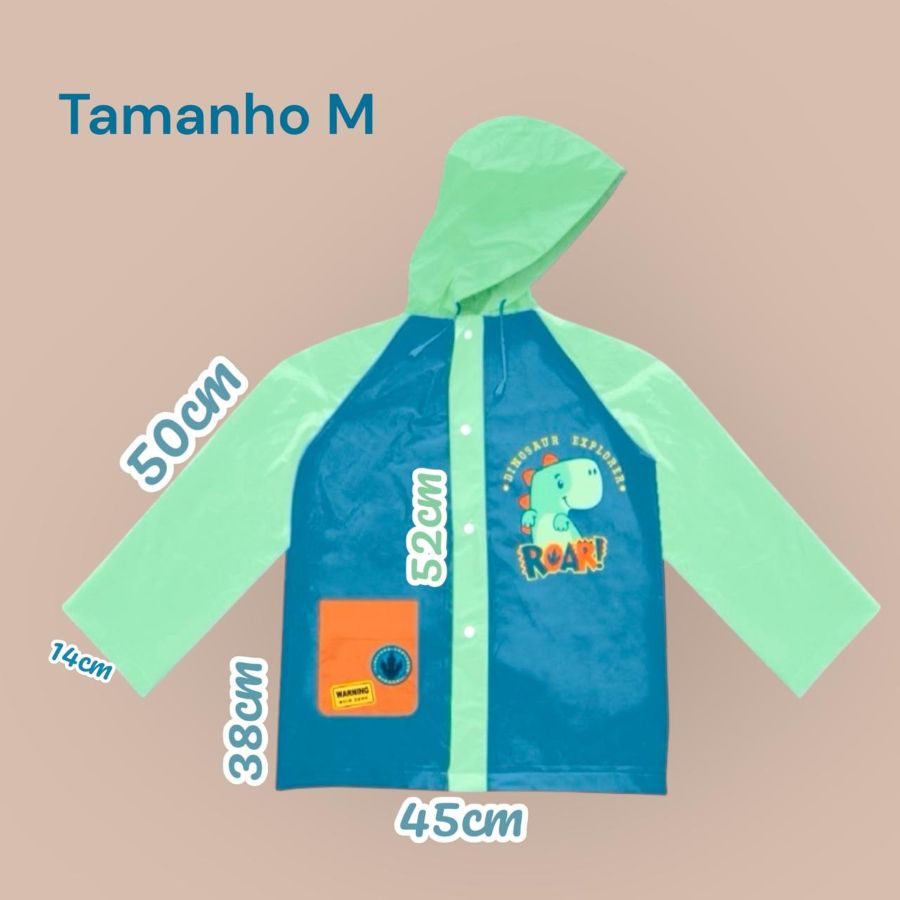 Capa de Chuva Infantil Dinossauro, Azul e Verde, com Capuz e Bolso