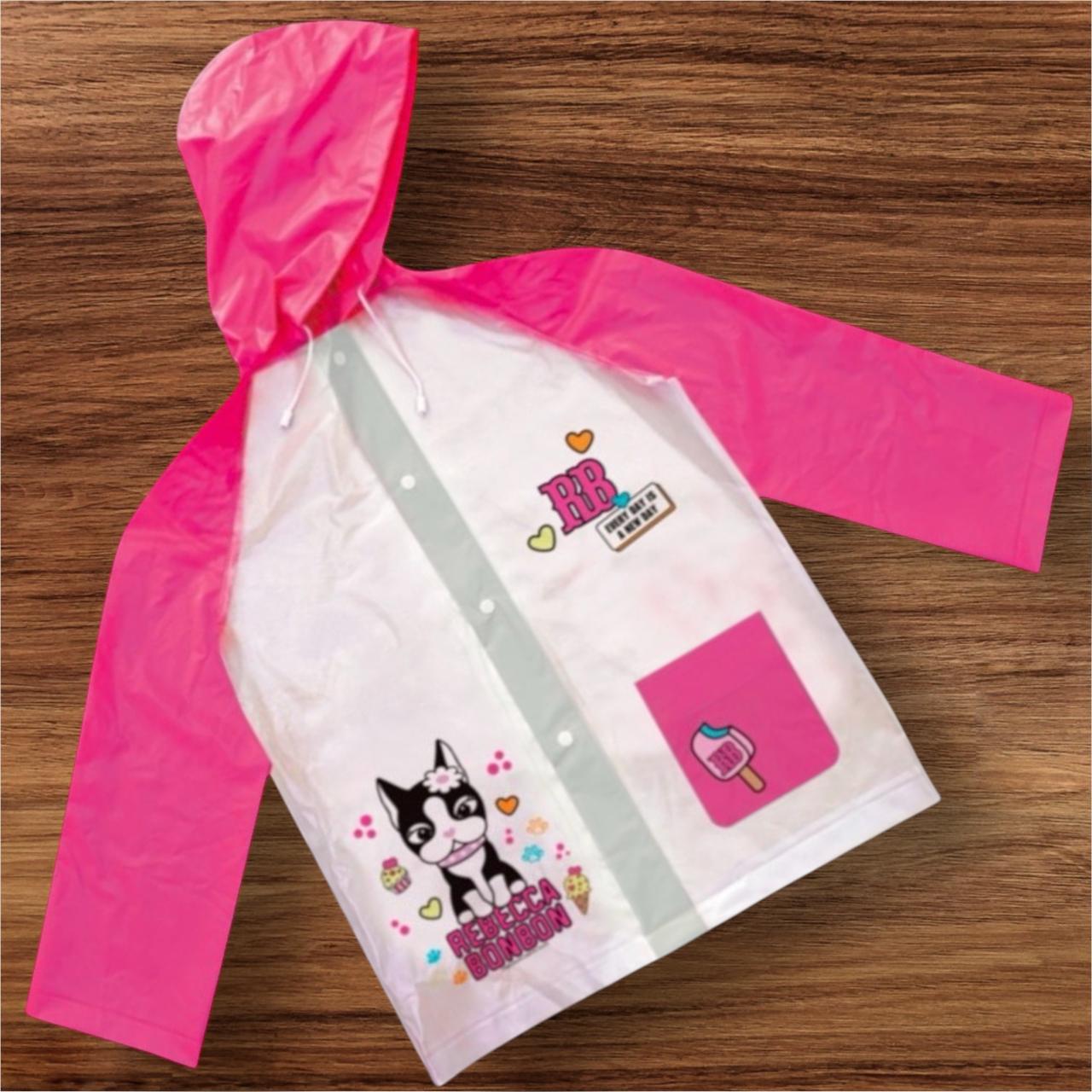 Capa de Chuva Infantil Rebecca Bonbon, Rosa e Branco, com Capuz e Bolso Frontal