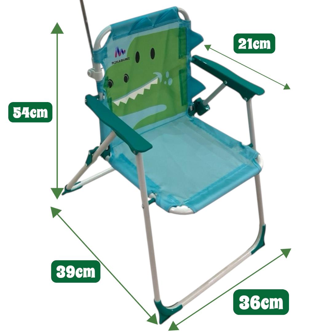 Cadeira de Praia Infantil Dinossauro com Guarda-Sol e Chapéu Azul com fator de proteção UV - RIKABUNI