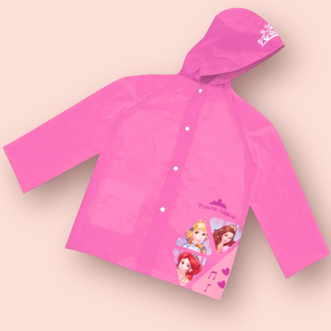 Capa de Chuva Infantil com Capuz, Rosa, Estampa de Princesas, Botões de Pressão