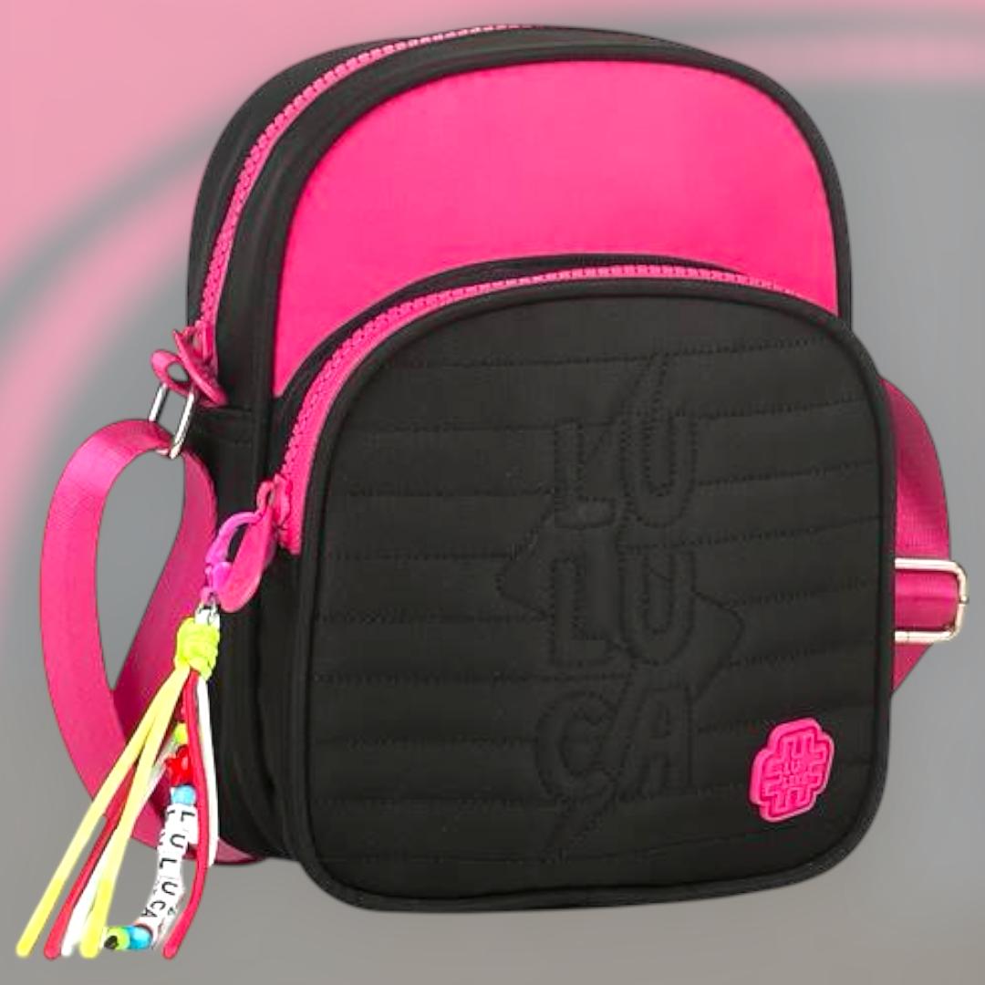 Bolsa Feminina Transversal Luluca Preta com Detalhe Rosa