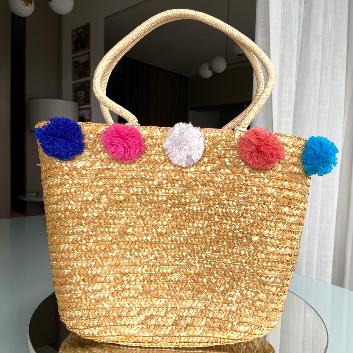 Bolsa de Praia Grande de Palha com Alça de Ombro  Colorida