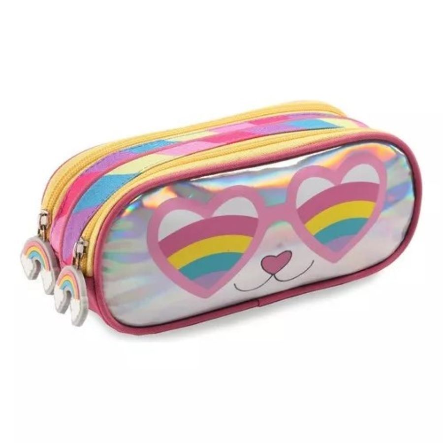 Kit Mochila Infantil de Rodinhas Gatinha Holográfica Estojo e Lancheira