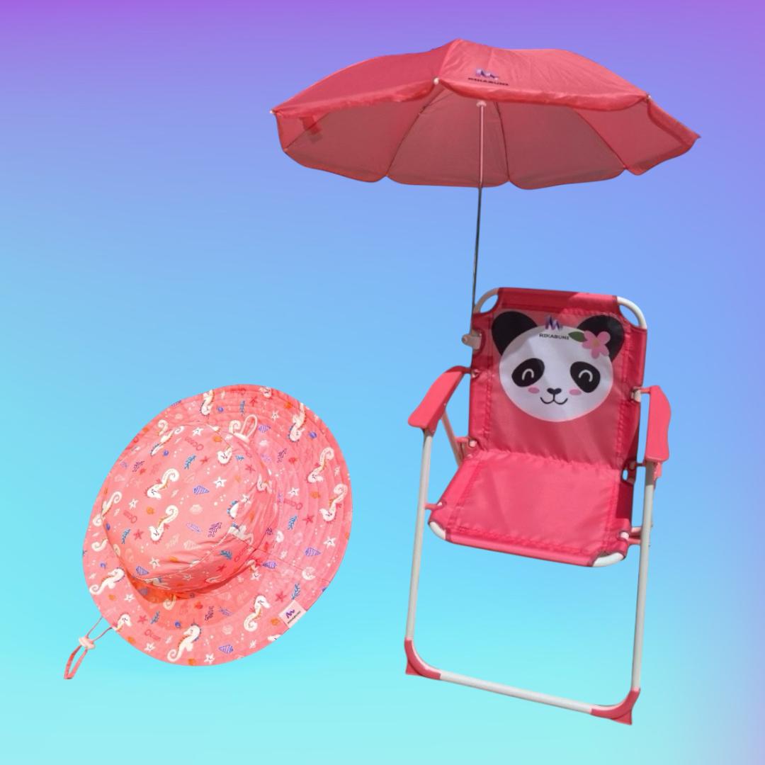 Cadeira de Praia Infantil com Guarda-Sol Design Panda Dobrável e Chapéu Rosa Design Unicórnio, com Proteção UV, RIKABUNI