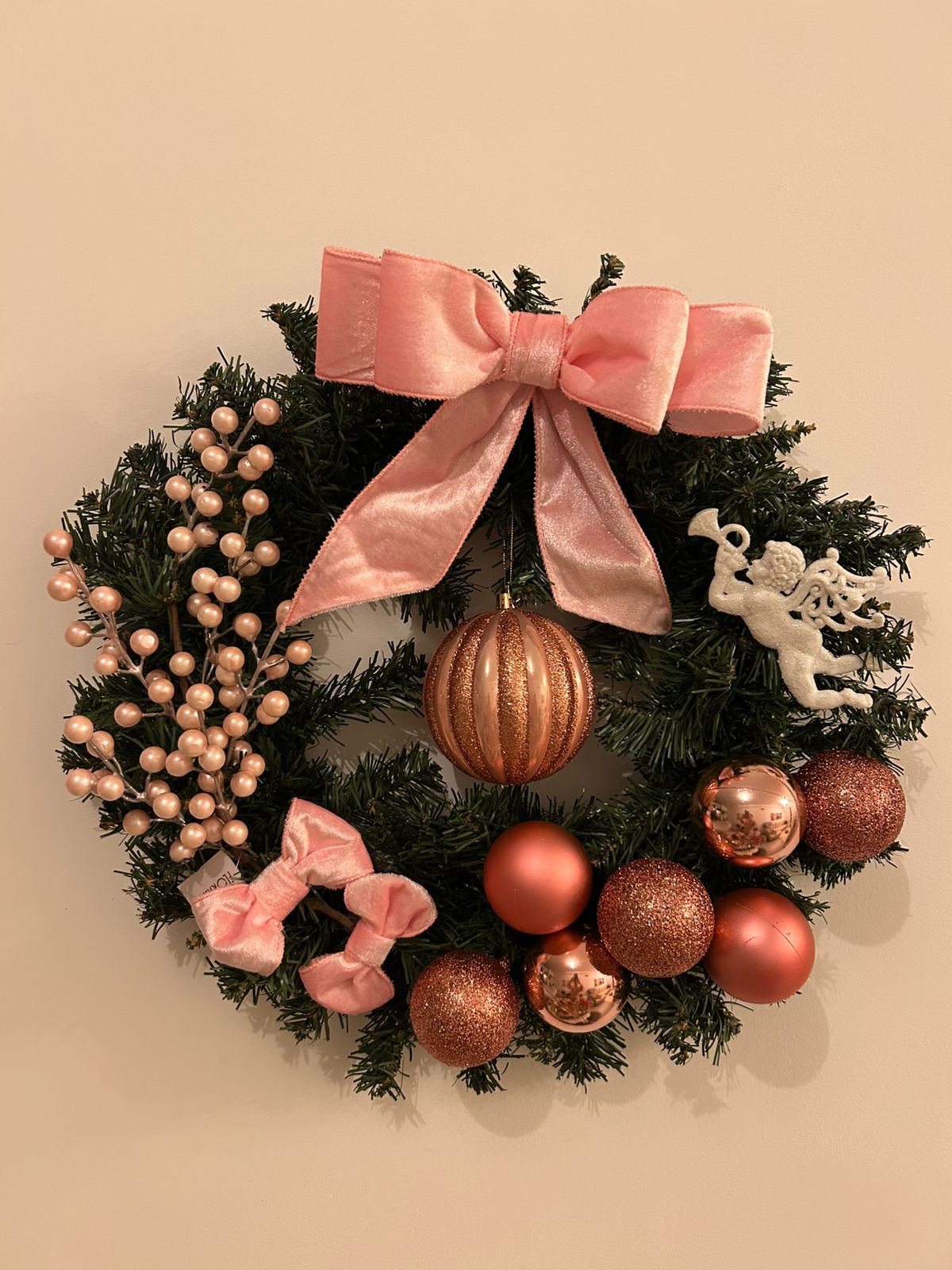 Guirlanda de Natal Luxo com Bolas e Laços Rose Gold - 45 cm