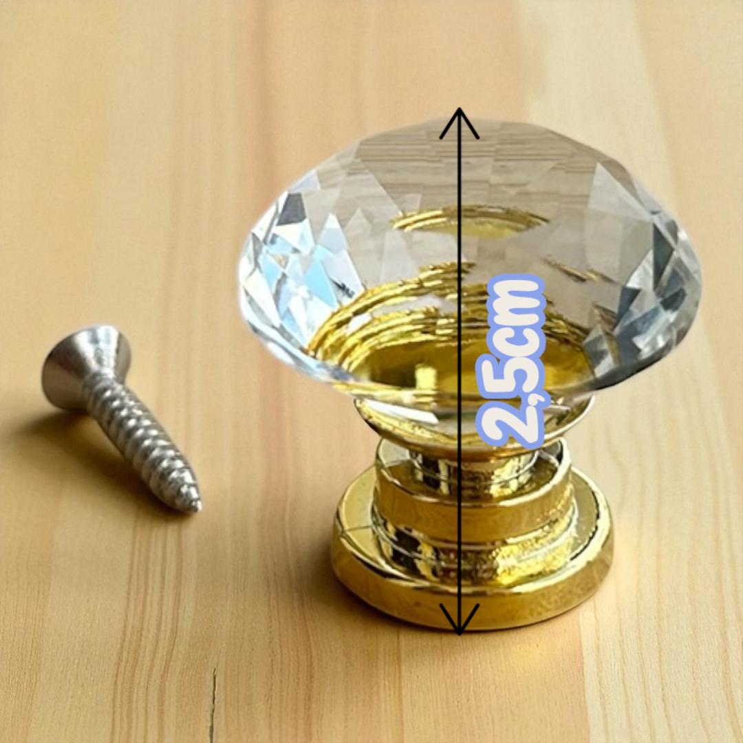 Puxador de Cristal com Base Dourada, Decorativo, para Armários e Gavetas, 4 Peças 25mm