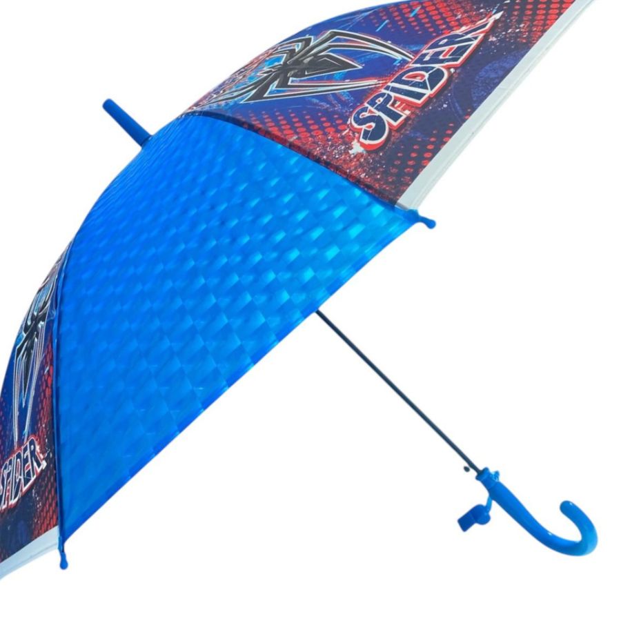 Guarda-Chuva Infantil  Menino, Azul e Vermelho, Estampa de Aranha, Cabo Curvo