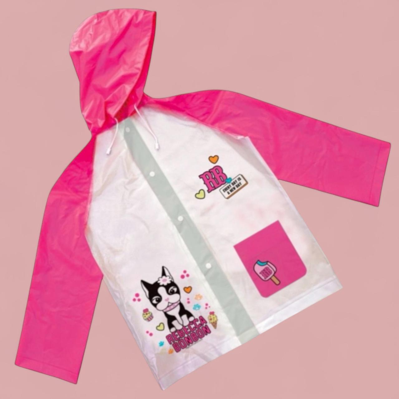 Capa de Chuva Infantil Rebecca Bonbon, Rosa e Branco, com Capuz e Bolso Frontal