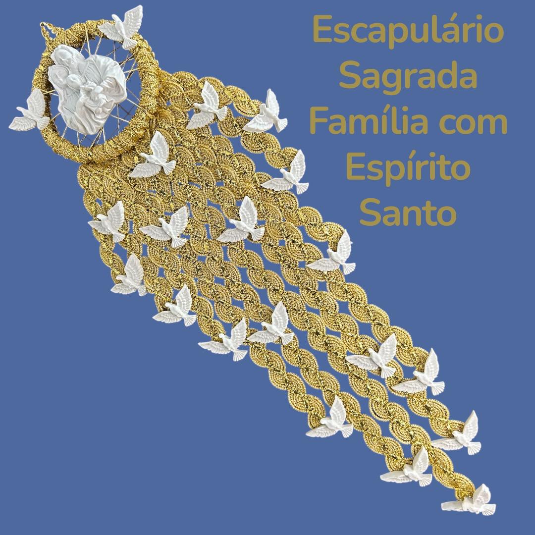 Escapulário Enfeite de Porta Espírito Santo e Sagrada Família Dourado Católico 45x27cm