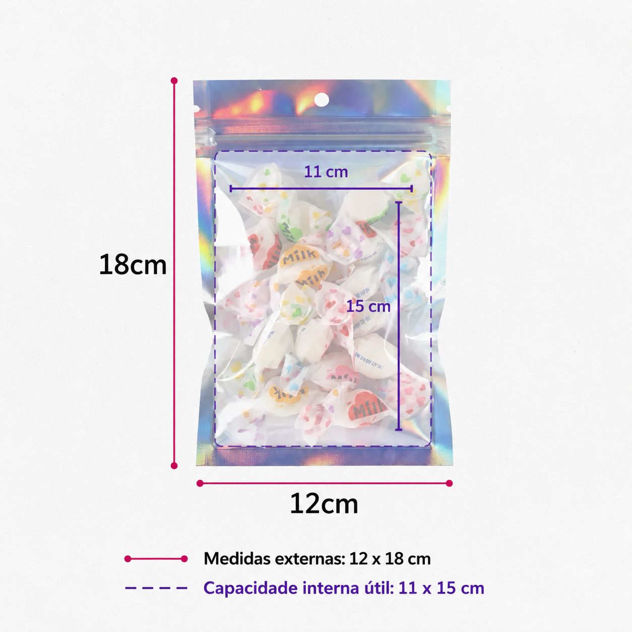Saco Holográfico Zip Lock 8x13 cm Kit 25 ou 50 Unidades