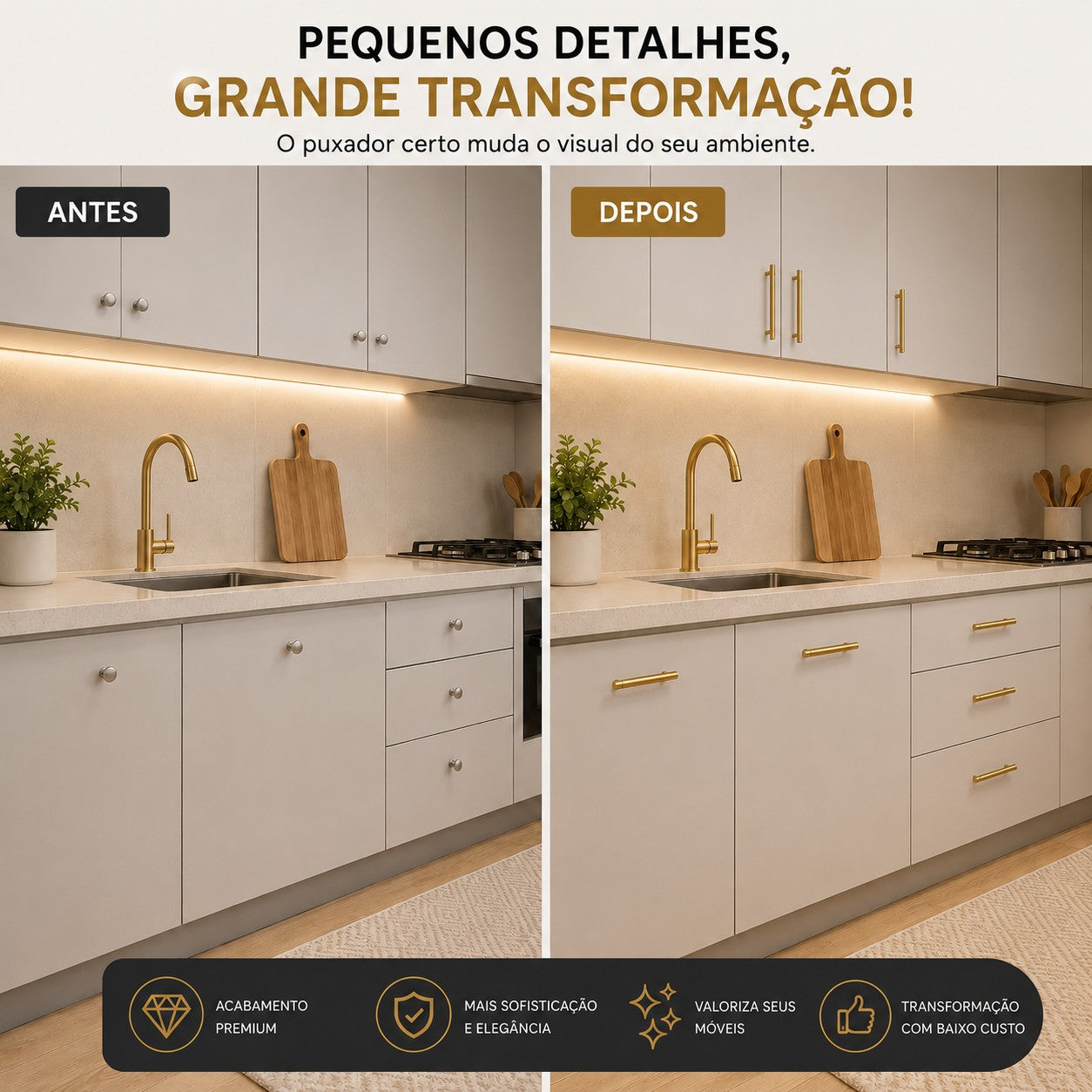 Kit Puxador Tubo Dourado 128mm Armário Gaveta Cozinha Luxo