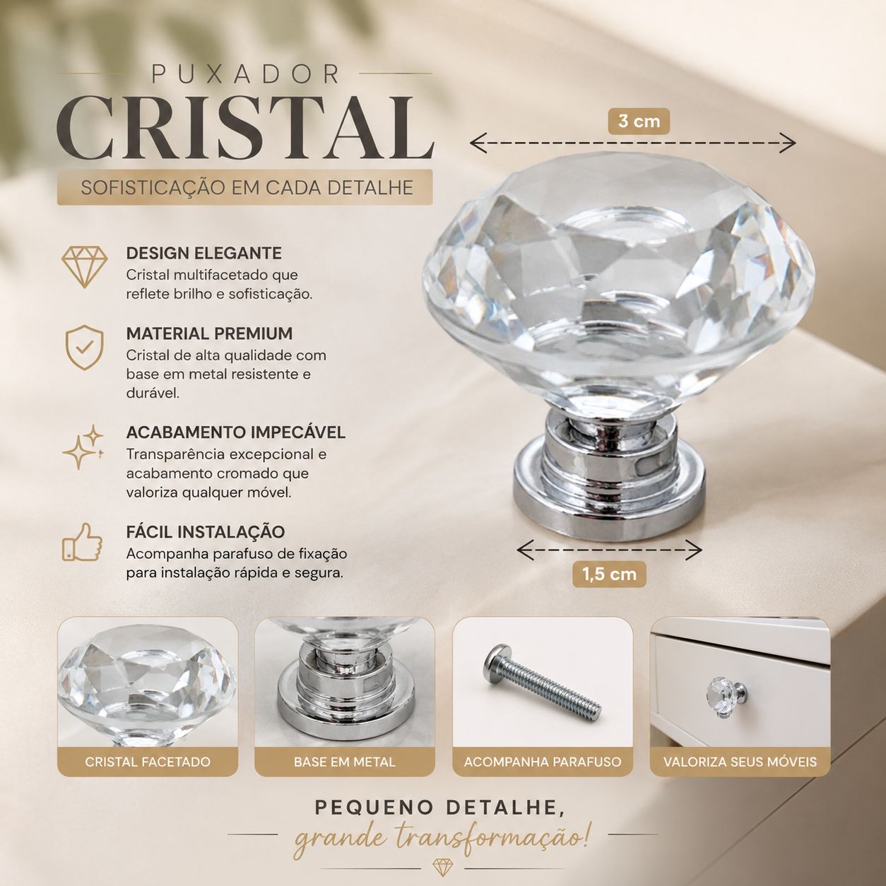 Puxador Cristal 30mm Para Móveis Armário Gaveta Kit 4 8 10