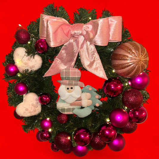 Guirlanda Natalina de Luxo, Verde com Bolas Rosas e Rosé, Laço Rosa, Decoração LED, 45 cm - RIKABUNI