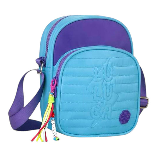 Bolsa Feminina Transversal Luluca Azul Turquesa detalhe em Roxo