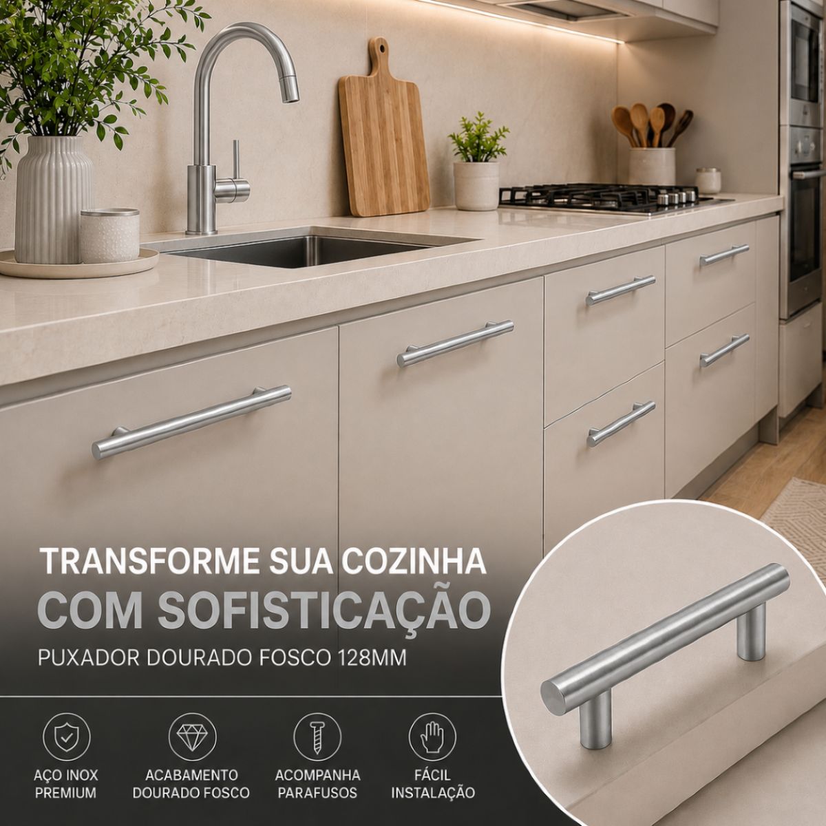 Puxador Armário Tubular Prata Fosco 128mmAço InoxPremium Kit