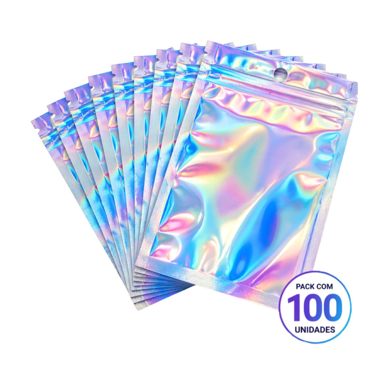 100 Sacos Holográficos Zip Lock Metalizado Transparente Luxo