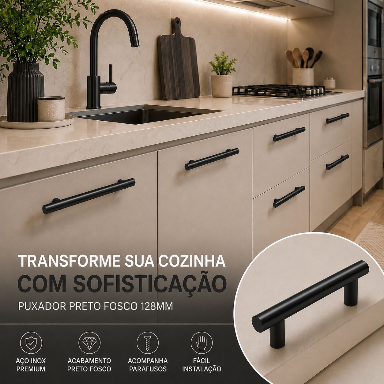 Puxador Armário Tubular Preto Fosco 128mmAço InoxPremium Kit