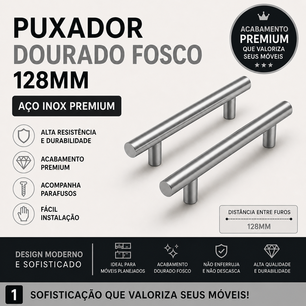 Puxador Armário Tubular Prata Fosco 128mmAço InoxPremium Kit