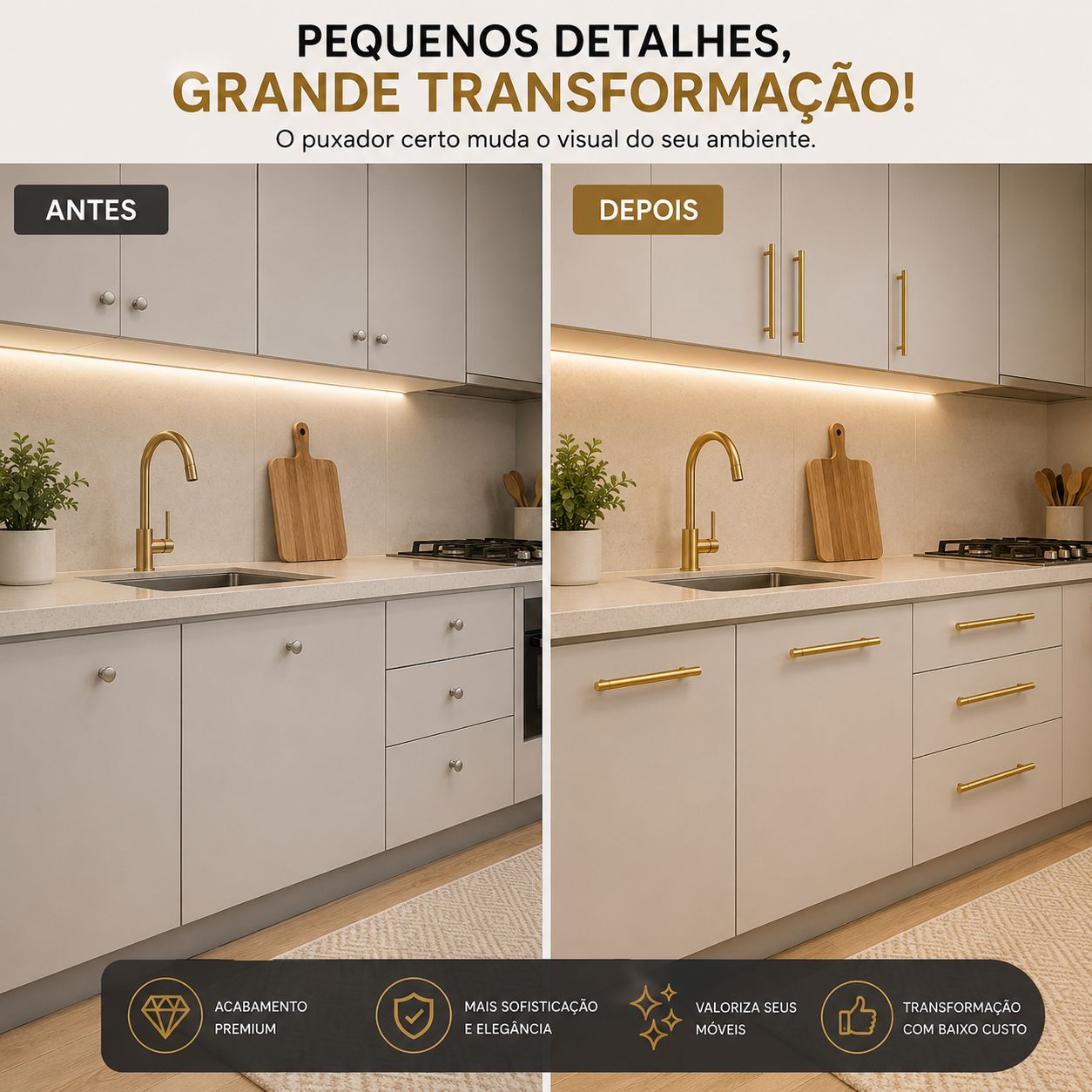 Kit Puxador Tubo Dourado  192mm Armário Gaveta Cozinha Luxo