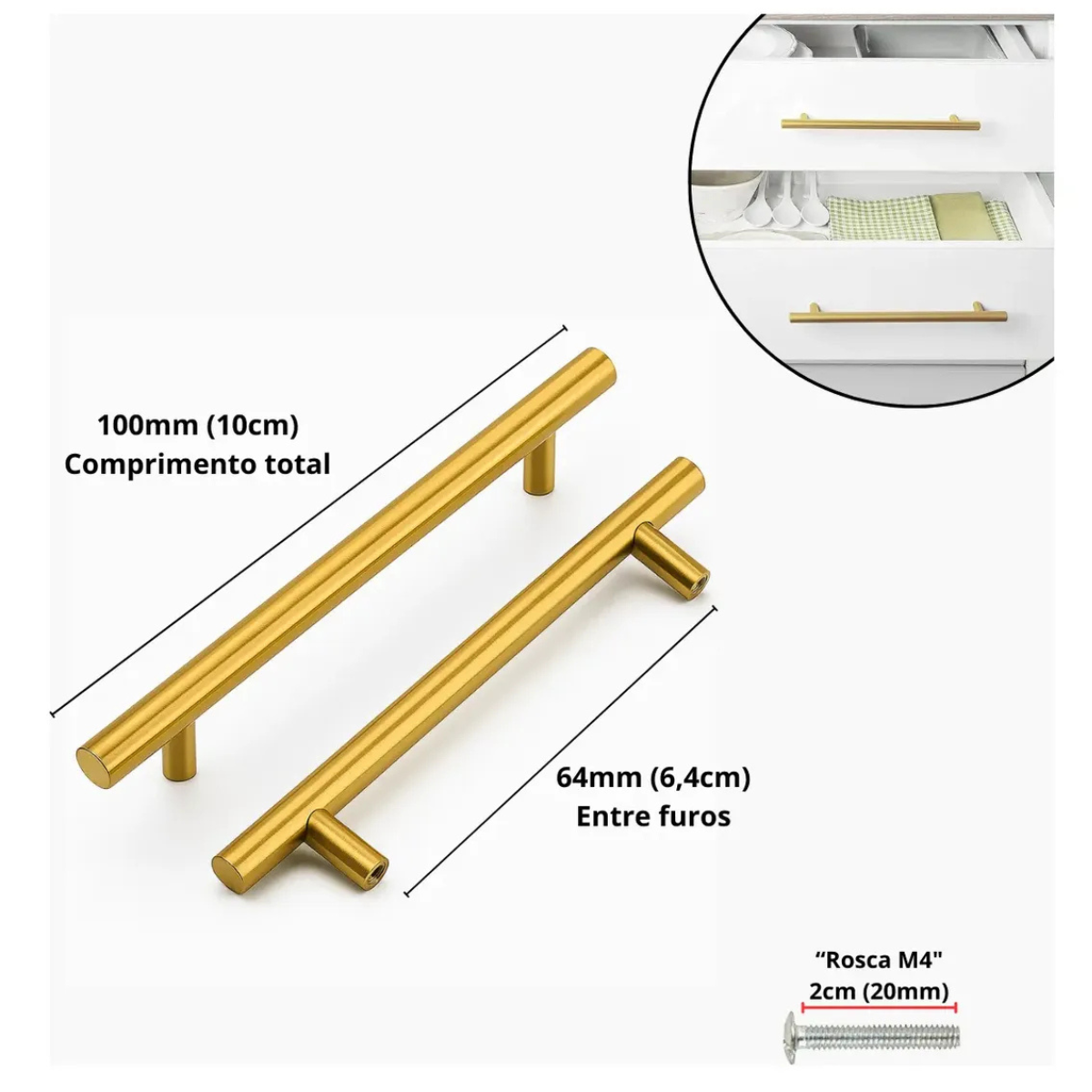 Kit Puxador Tubo Dourado 64mm Armário Gaveta Cozinha Luxo
