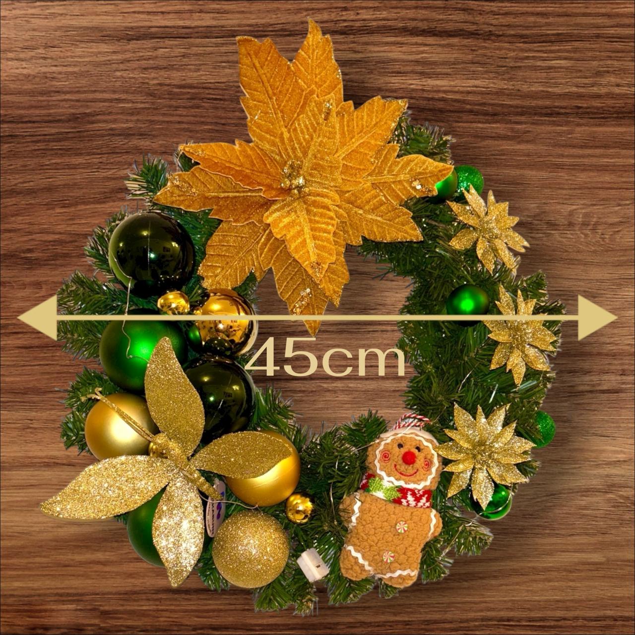 Guirlanda Natalina de Luxo, Verde e Dourado, Poinsétia e Libélula c/ Glitter, Bolas e LED fio de fada, 45cm - RIKABUNI