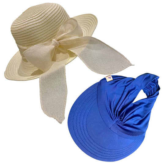 Chapéu de Palha Sintética Feminino Dobrável com Laço Decorativo Estilo Clássico + Viseira Turbante Feminina com FPS50