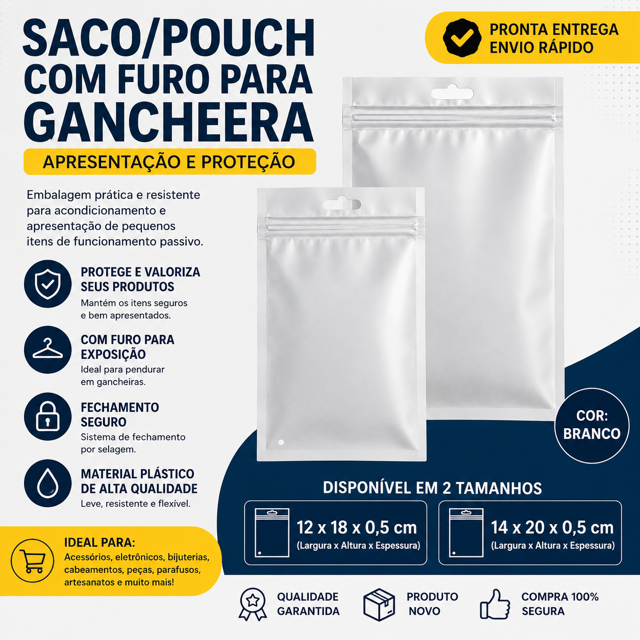 Kit Saco Embalagem Pouch Furo Expositor Com Zip  -  100 Unid