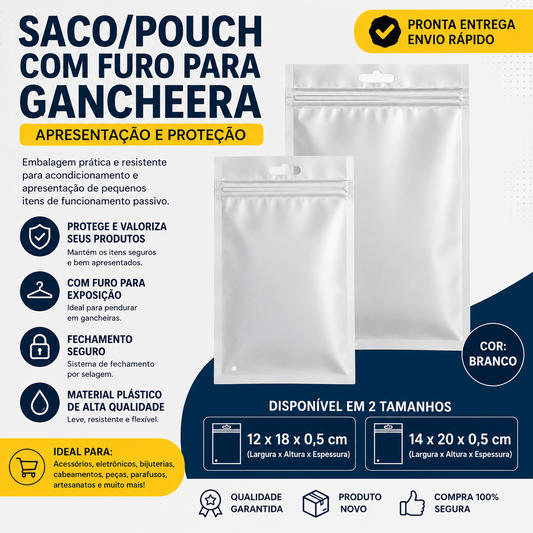 Kit Saco Embalagem Pouch Furo Expositor Com Zip  -  100 Unid