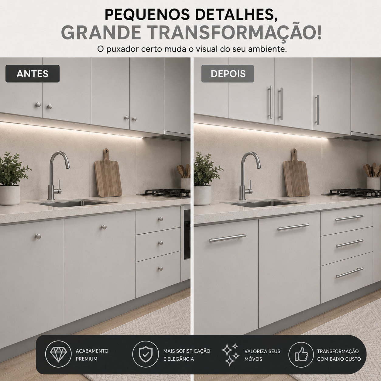 Puxador Armário Tubular Prata Fosco 192mmAço InoxPremium Kit