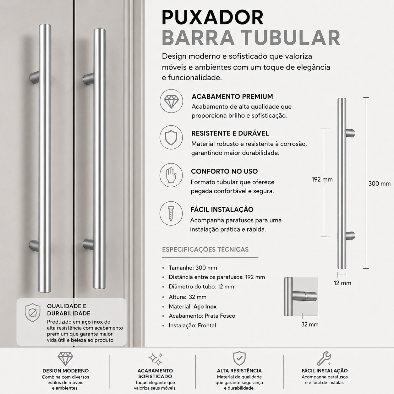 Puxador Armário Tubular Prata Fosco 192mmAço InoxPremium Kit