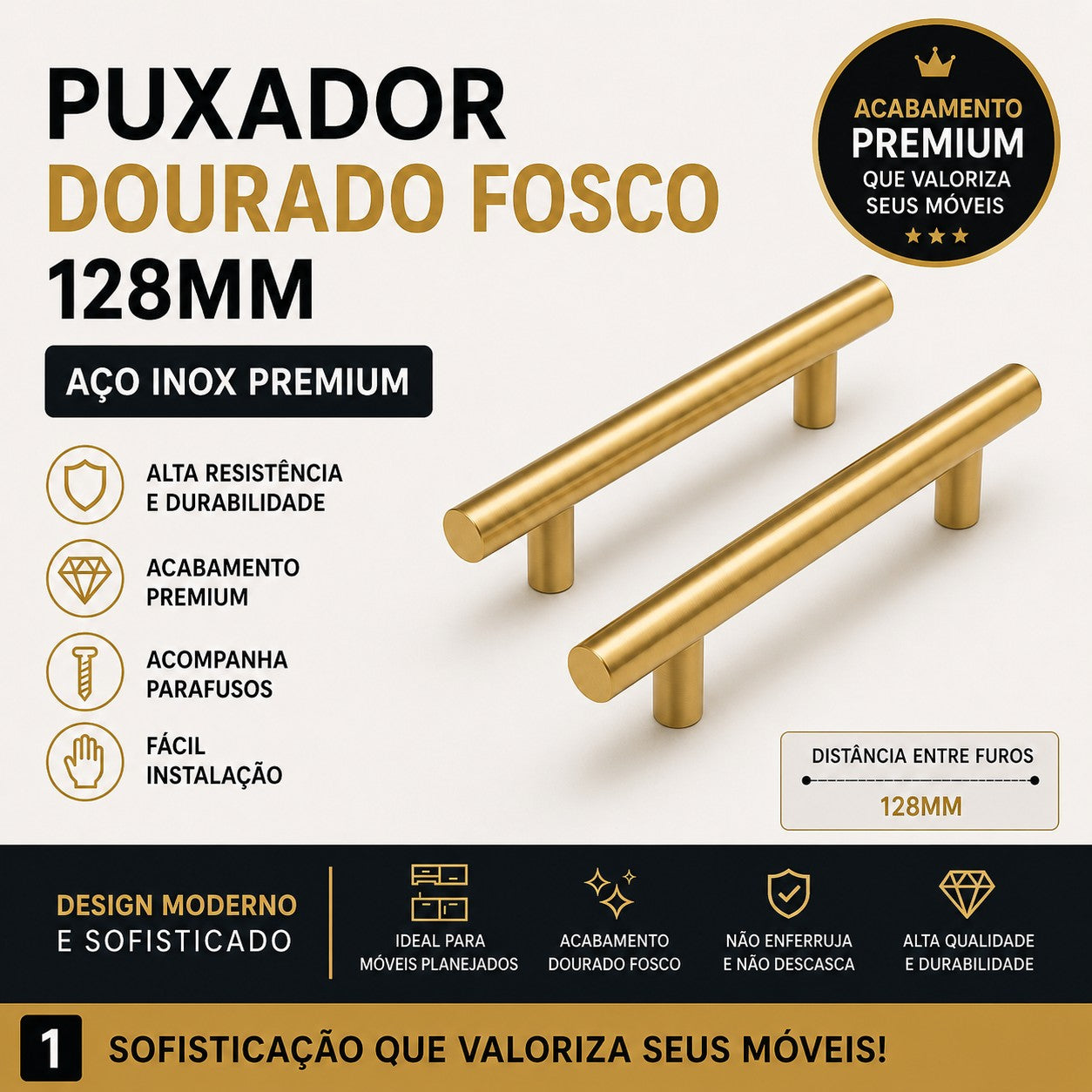 Kit Puxador Tubo Dourado 128mm Armário Gaveta Cozinha Luxo