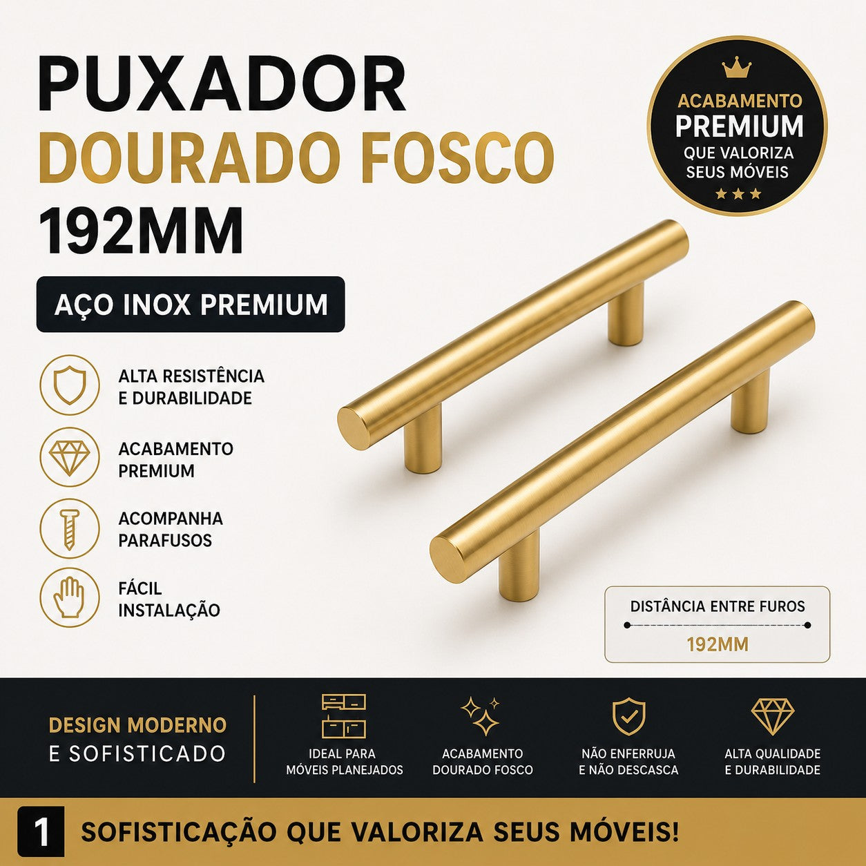Kit Puxador Tubo Dourado  192mm Armário Gaveta Cozinha Luxo