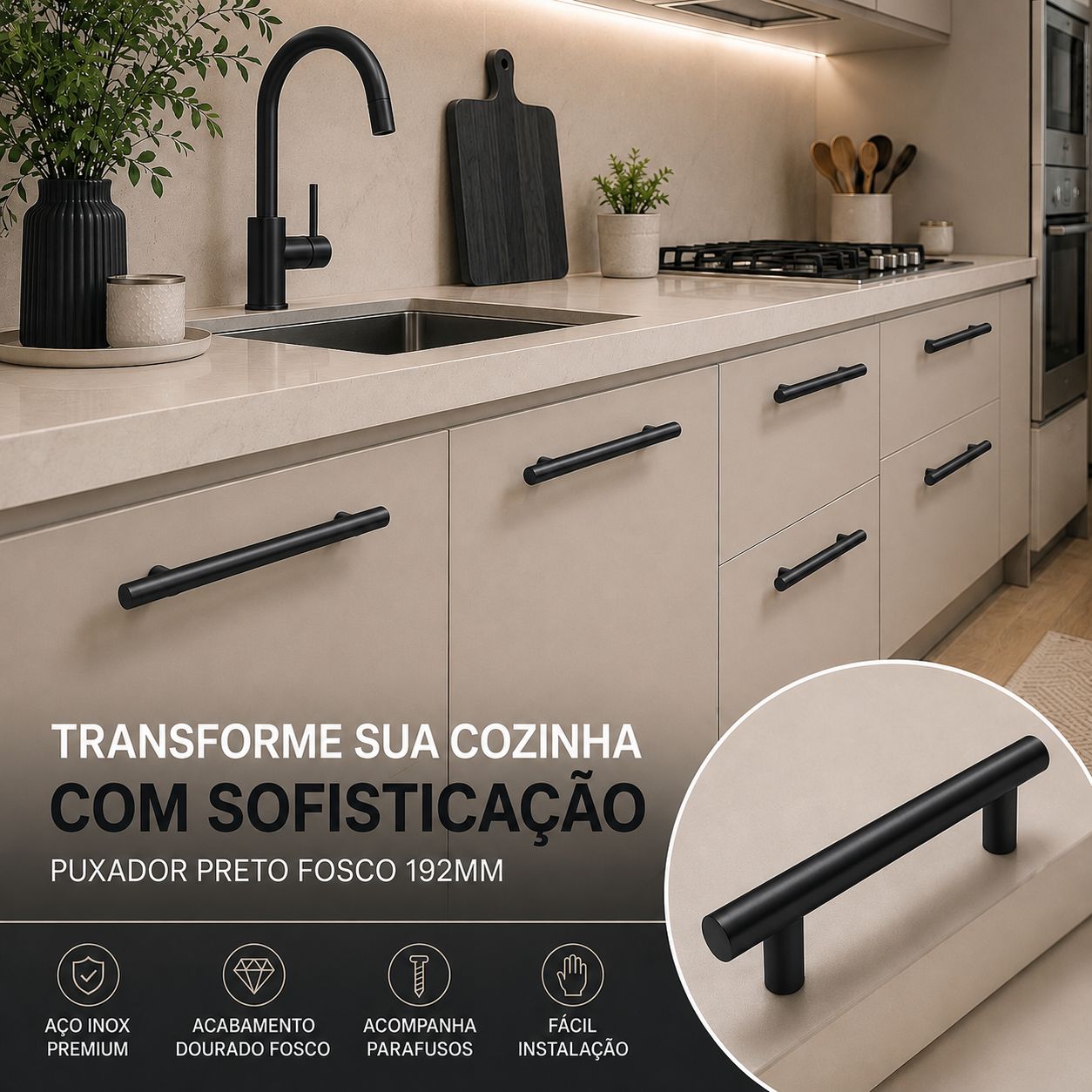 Puxador Armário Tubular Preto Fosco 192mmAço InoxPremium Kit