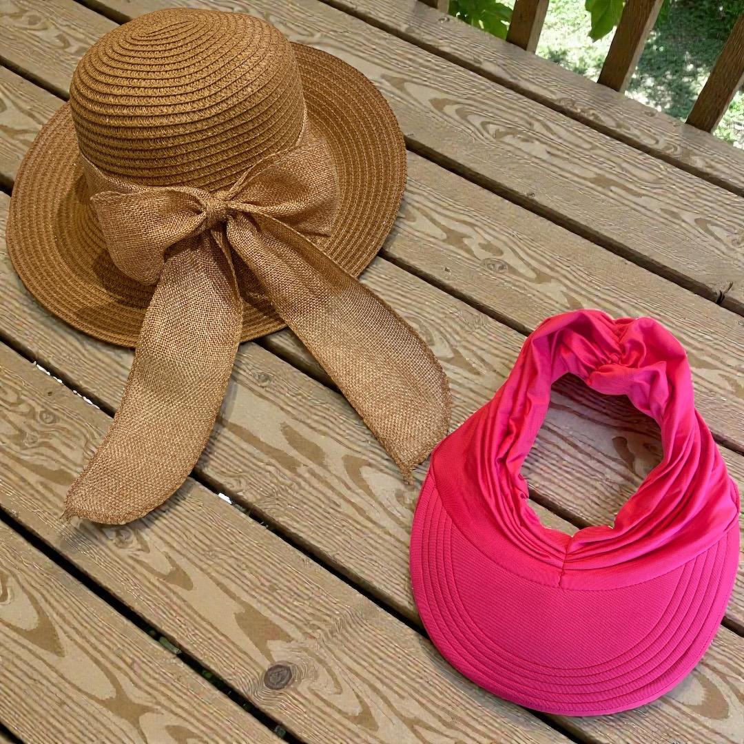 Chapéu de Palha Sintética Feminino Dobrável com Laço Decorativo + Viseira Turbante Feminina com FPS50 Rosa - RIKABUNI