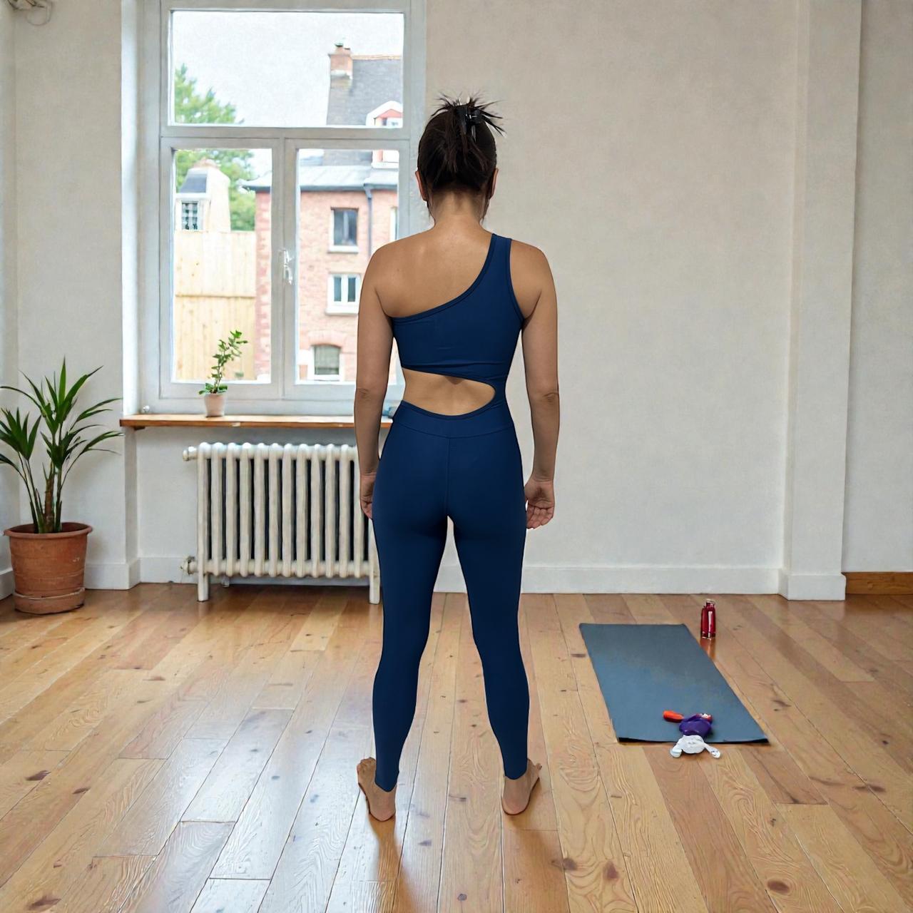 Macacão Fitness Um Ombro Suplex Alta Compressão Azul Marinho  Zero Transparência com Bojo Removível