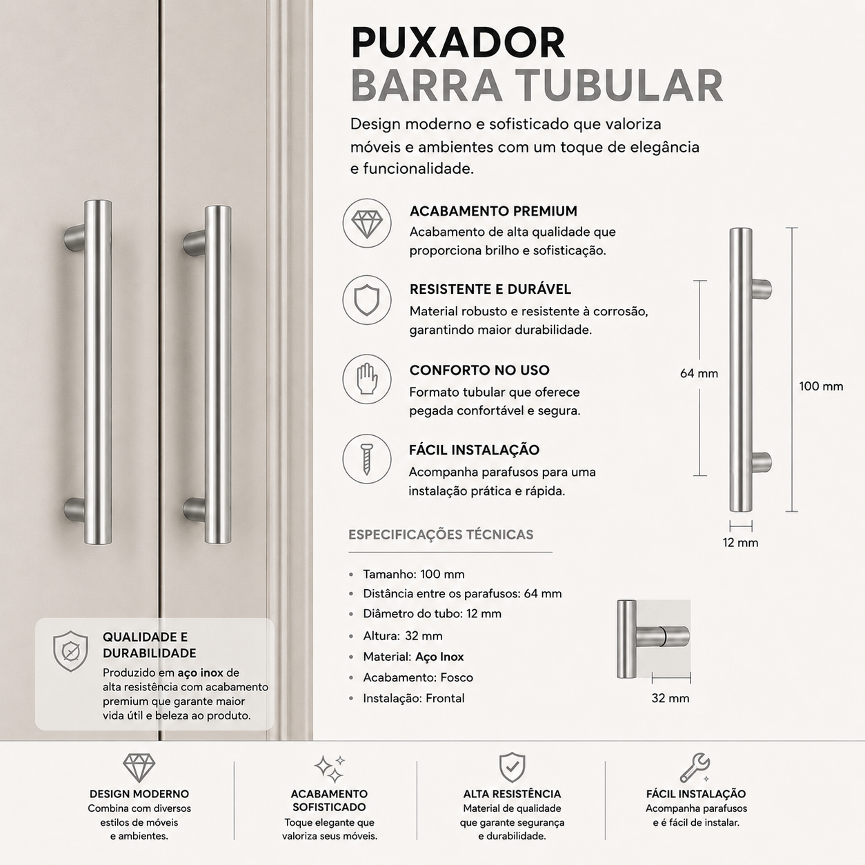 Puxador Armário Tubular Prata Fosco 64mmAço Inox Premium Kit
