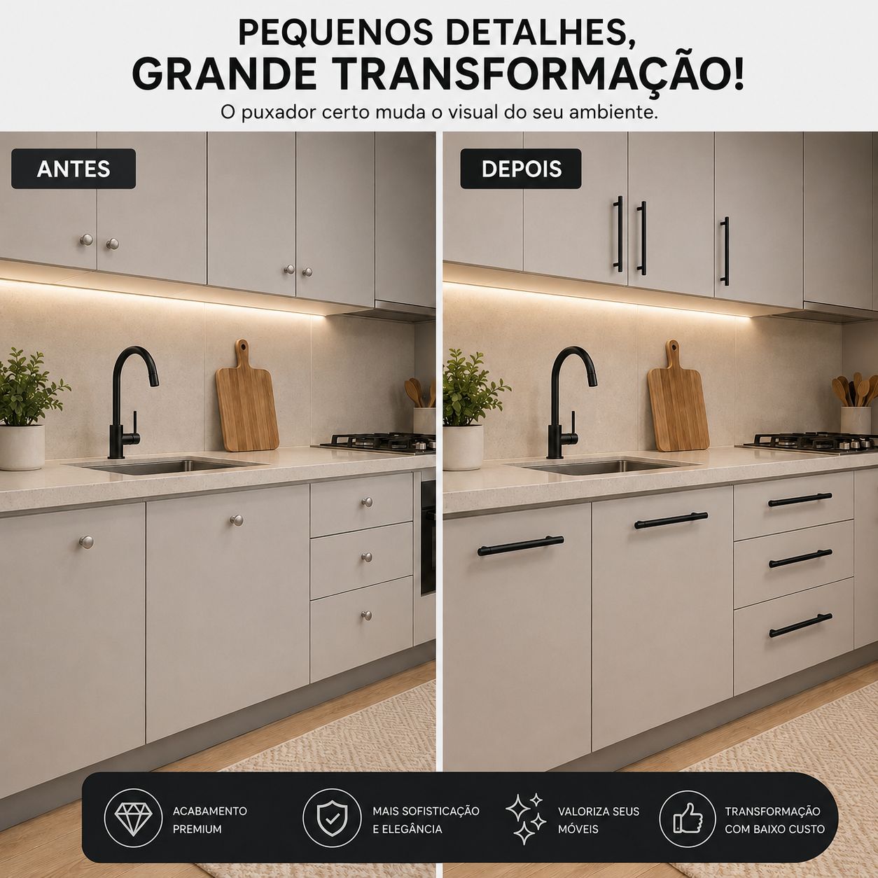 Puxador Armário Tubular Preto Fosco 192mmAço InoxPremium Kit