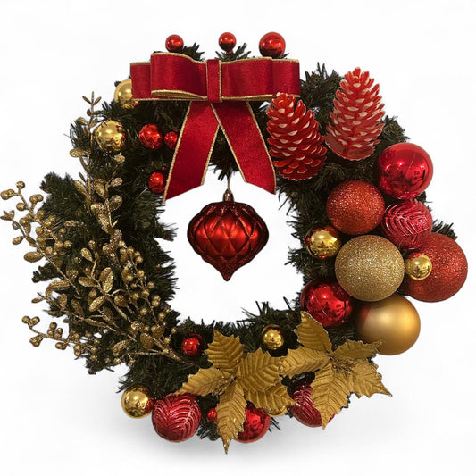 Guirlanda Natalina Decorativa, Verde com Enfeites Vermelhos e Dourados, Bolas e Laço Vermelho, 45 cm