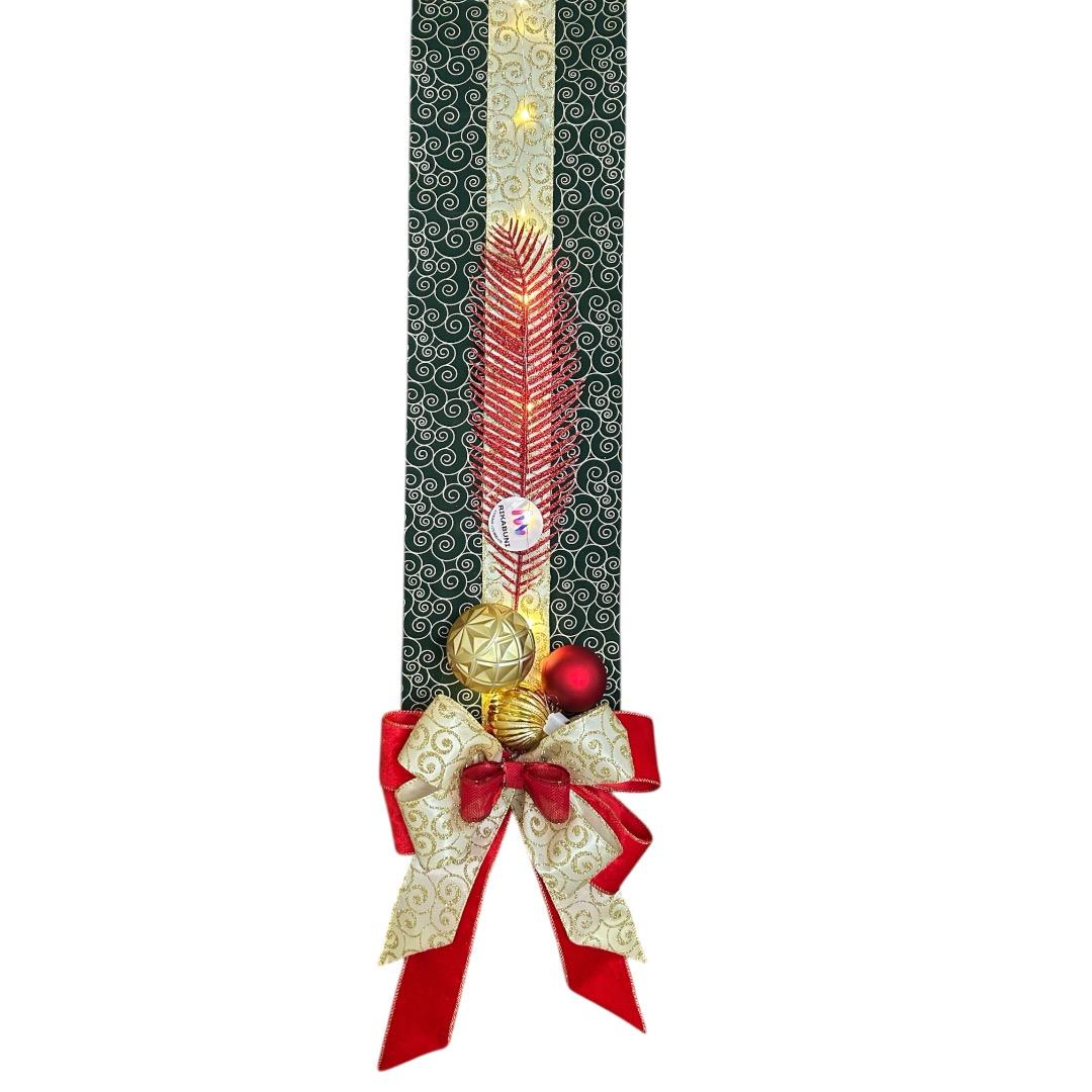Escapulário Natalino Verde Elegante Tecido Luxo Laços e Bolas Vermelhos e Dourados com Cordão de Luz  LED - RIKABUNI