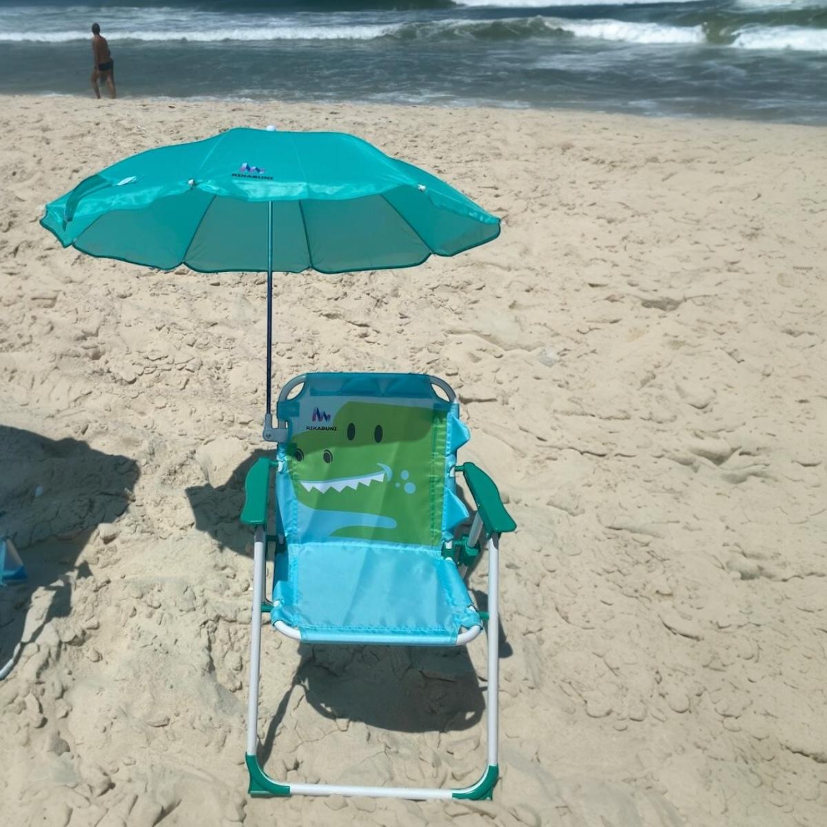 Kit Cadeira de Praia c/ Guarda Sol + Chapéu Infantil com UPF50 Dinossauro