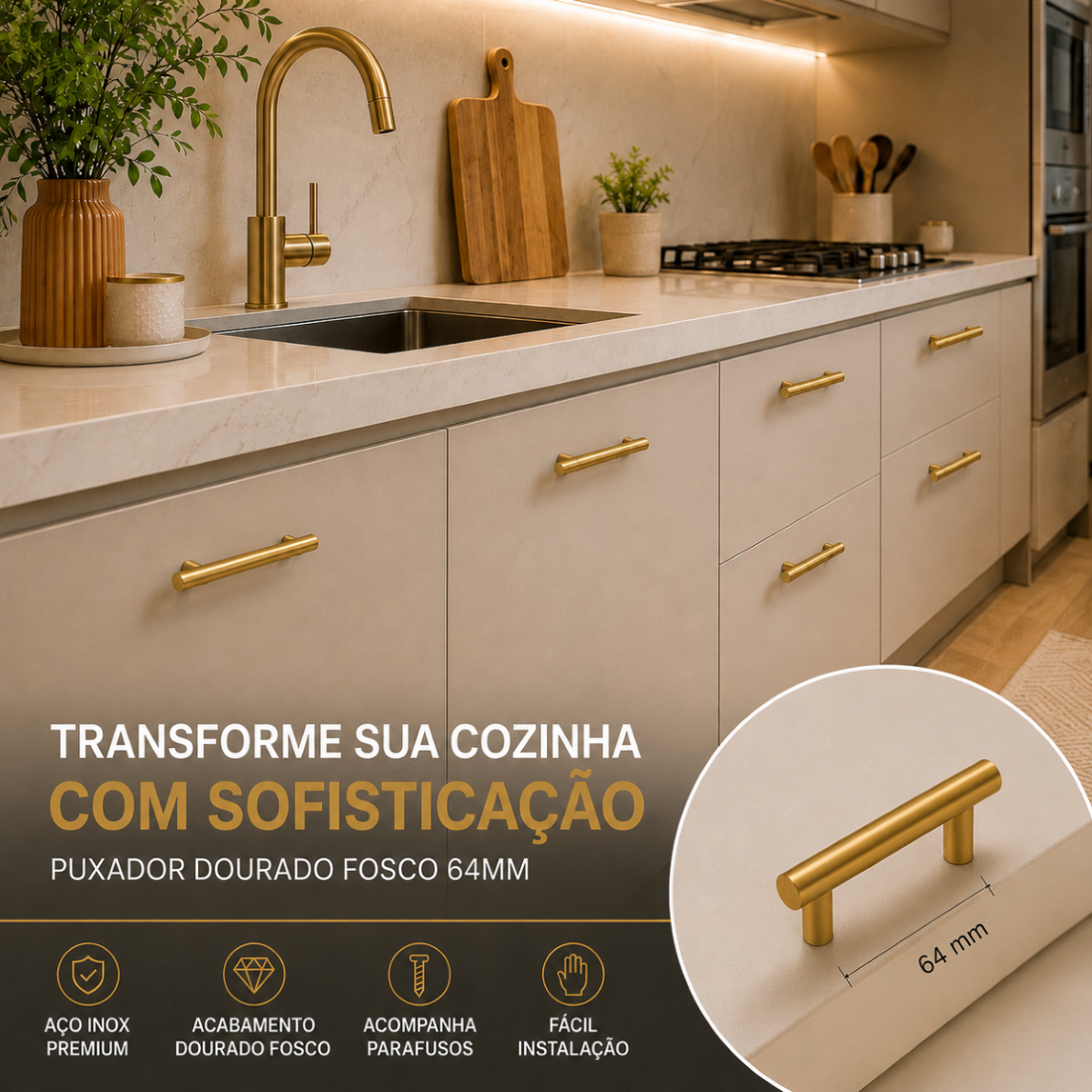 Kit Puxador Tubo Dourado 64mm Armário Gaveta Cozinha Luxo