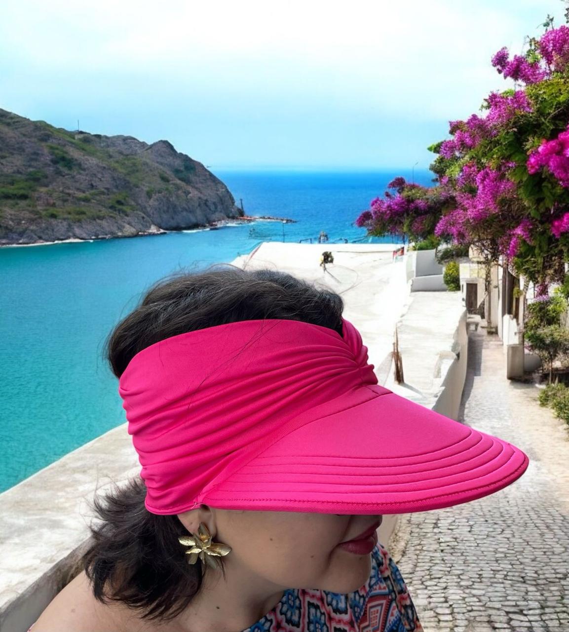 Chapéu de Palha Sintética Feminino Dobrável com Laço Decorativo + Viseira Turbante Feminina com FPS50 Rosa - RIKABUNI