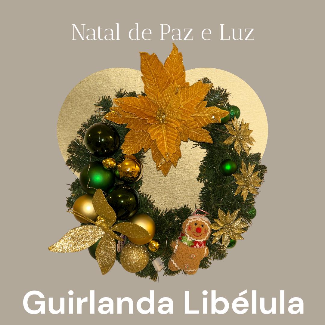 Guirlanda Natalina de Luxo, Verde e Dourado, Poinsétia e Libélula c/ Glitter, Bolas e LED fio de fada, 45cm - RIKABUNI